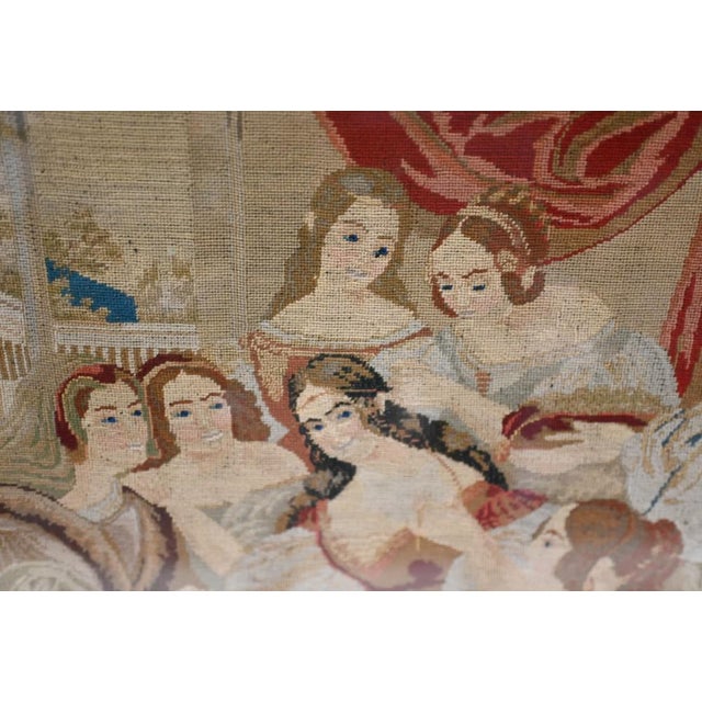 Wonderful antique Italian tapestry in a mahogany frame Hand woven needle point depicting young ladies in a communal social...