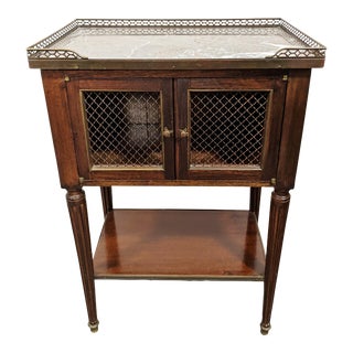 19th French Grill Door & Marble Top Night Side Table Bronze Gallery Nightstand For Sale
