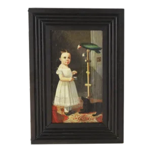Antique Oil Painting on Canvas of a Child With a Bird and a Dog