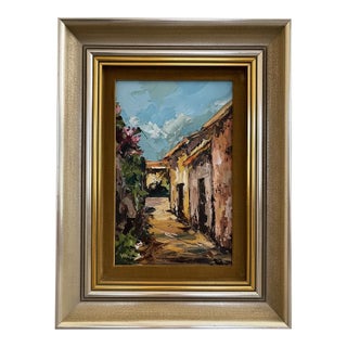 Late 20th Century Original Signed Oil Painting — Village Alley Scene For Sale