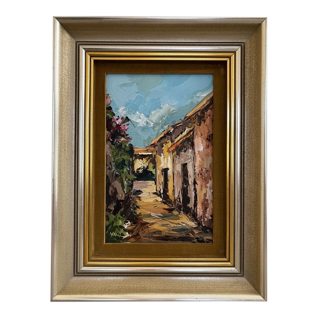 Late 20th Century Original Signed Oil Painting — Village Alley Scene For Sale