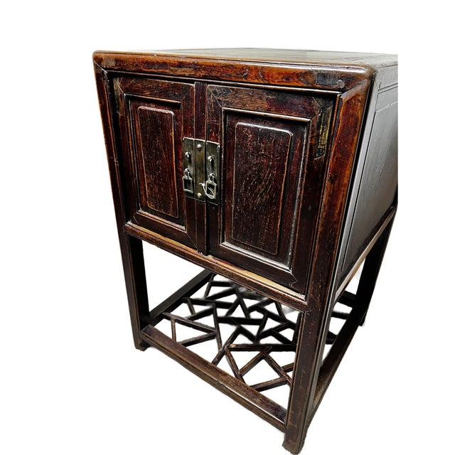 Antique Chinese Wood Cabinet With Decorative Fretwork Cracked Ice on Base For Sale - Image 10 of 12