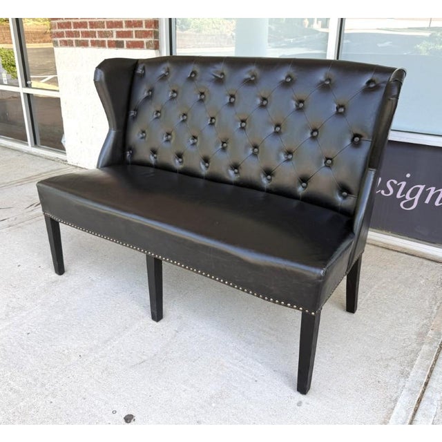 Contemporary Arhaus Black Tufted Leather Settee For Sale - Image 3 of 12