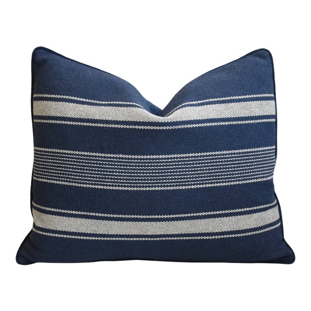 Nautical Blue & White Belgian Striped Feather/Down Pillow 24" X 20" For Sale