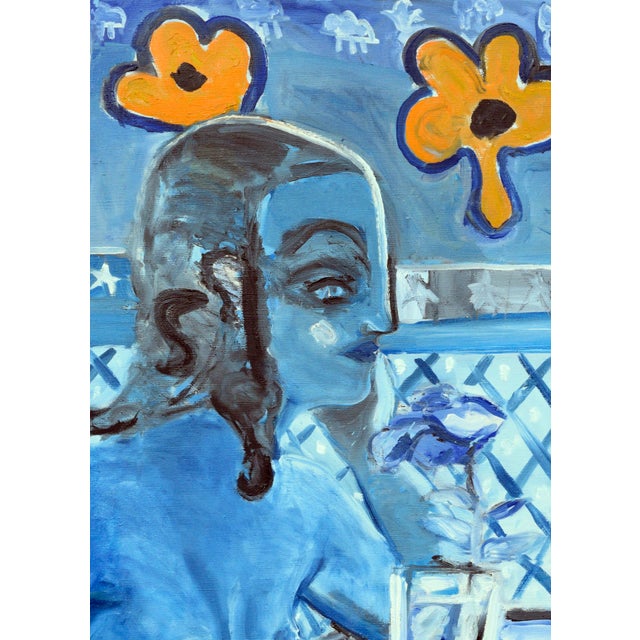 Bold and expressive oil portrait of a modernist nude figure in blue seated in profile with bright yellow flowers by Allie...