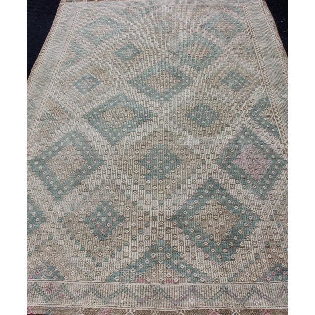 Vintage Turkish Kilim Rug in Soft Teal, Beige, and Taupe With Diamond Pattern For Sale In Atlanta - Image 6 of 13