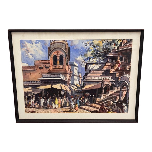 G. D. Thyaga Raj Street Scene, a Bundi Original Watercolor Painting, Circa 1968 For Sale