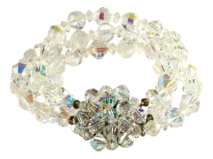 1960s Vintage Bracelet Triple Strand Clear Crystal Beads With Cluster Clasp