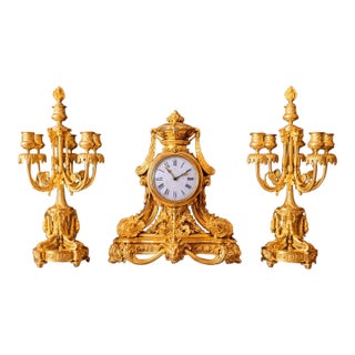 1860 Ad Mougin Louis XVI Gilt Bronze Clock Garniture - 3 Pc. For Sale