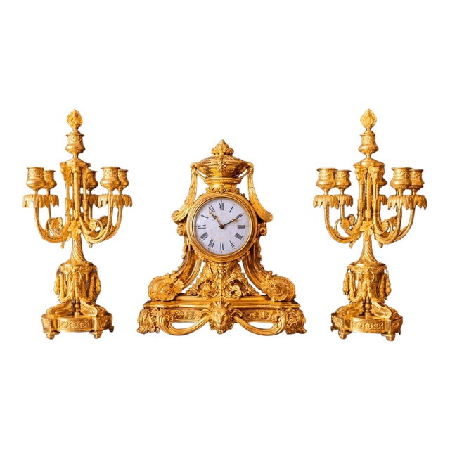 1860 Ad Mougin Louis XVI Gilt Bronze Clock Garniture - 3 Pc. For Sale