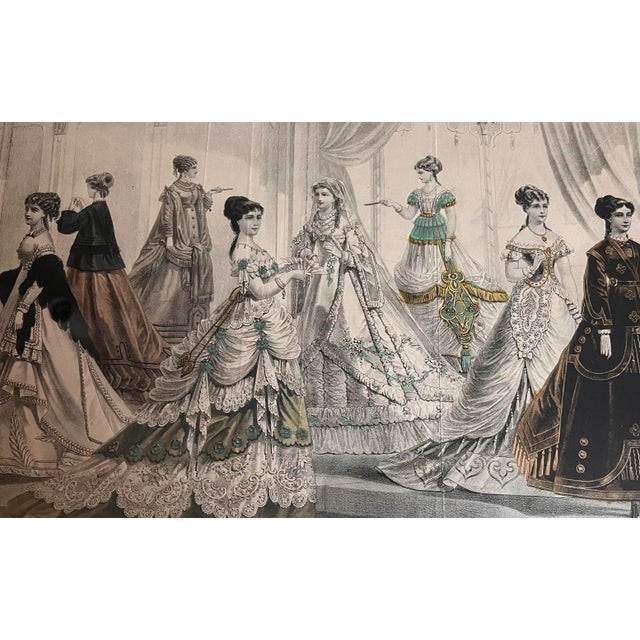 Wood Antique 19th Century Fashion Hand Colored Fashion Magazine Advertisements - Framed Pair For Sale - Image 7 of 9