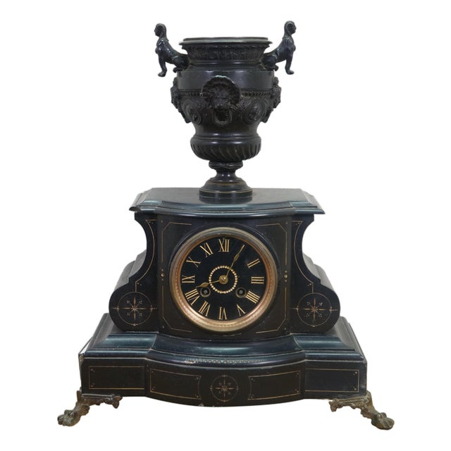 Antique French Michelant Laligant Black Slate Cassolette Trophy Urn Mantle Clock 16" For Sale