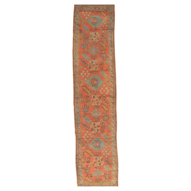 Late 19th Century Antique Turkish Oushak Runner, Coral, Light Blue Handwoven Rug For Sale - Image 11 of 15