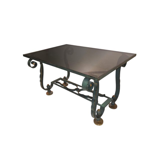 1940s 1940's French Coffee Table -Green Patinated Iron & Gilt W/ Smoke Glass Top For Sale - Image 5 of 11