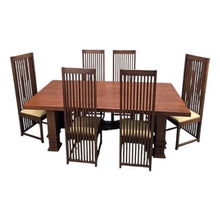 Late 20th Century Custom Arts and Crafts Mission Style Oak Dining Table With Six High-Back Chairs For Sale