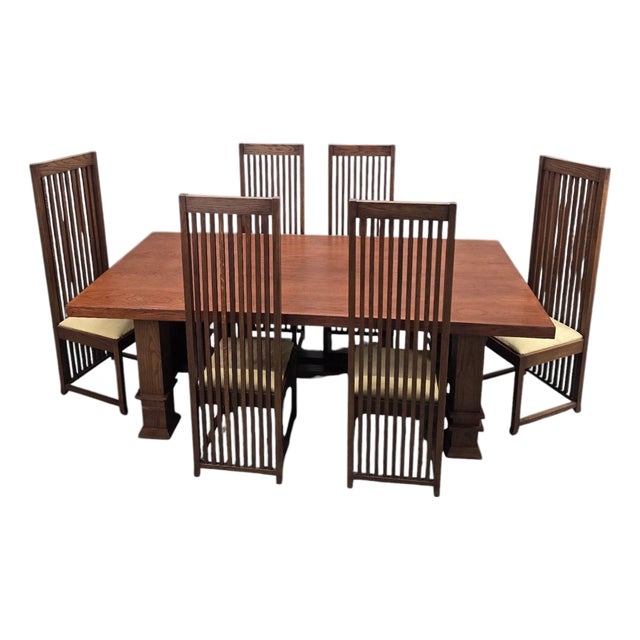 Late 20th Century Custom Arts and Crafts Mission Style Oak Dining Table With Six High-Back Chairs For Sale