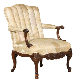 Channel-Tufted Armchair with Carved Wood Frame and Calligraphy Motif Upholstery