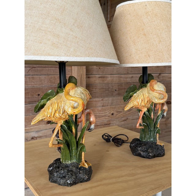 Pair of Vintage Coastal Sculptural Double Flamingo Table Lamps With Original Shades For Sale - Image 12 of 12
