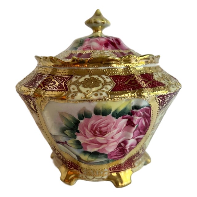 Antique Nippon Morimura Floral Moriage Biscuit Jar, Gold & Mauve For Sale