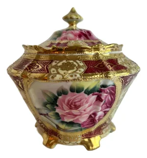 Antique Nippon Morimura Floral Moriage Biscuit Jar, Gold & Mauve