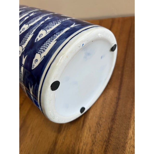 Schoal Blue and With Fish Design Tall Ginger Jar For Sale In San Diego - Image 6 of 7