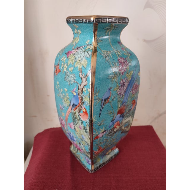 Chinese Ceramic Vase Qing Dynasty Qianlong Marked Blue Ground Famille Rose Porcelain Square Vase Hand Painted Flowers and Birds Pattern For Sale - Image 10 of 11