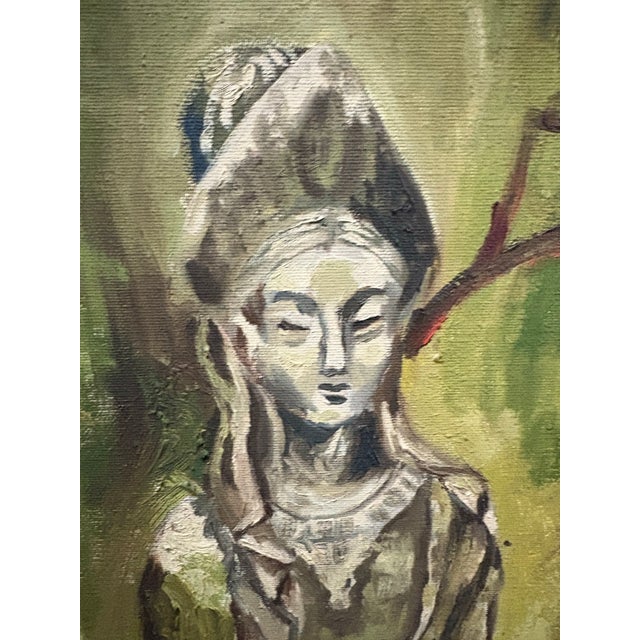 Green Mid 20th Century Modern Painting of a Guanyin Statue in Garden Setting Signed Lynn Morell For Sale - Image 8 of 8