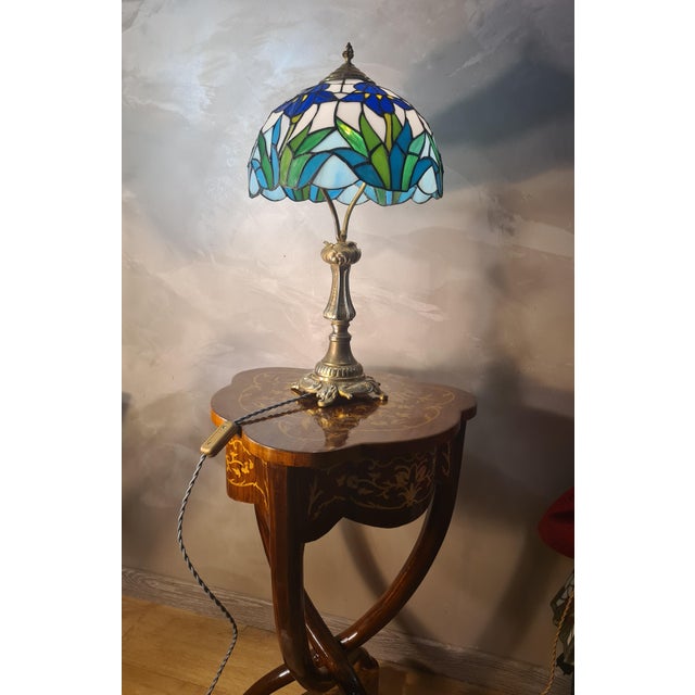 Antique Bronze Floor Lamp with Iris Glass and Lead Lampshade, 19th Century For Sale - Image 6 of 16