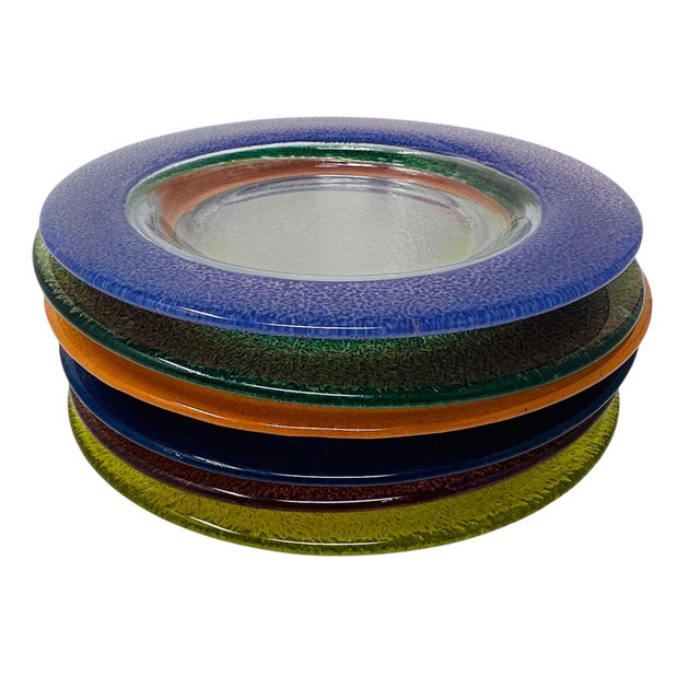 1980s Vintage 80s Mexican Glass Bread Plates - Set of 6 Colorful Textured Rim 5.25" Small Appetizer Side Dishes - Fused Glass For Sale - Image 5 of 18