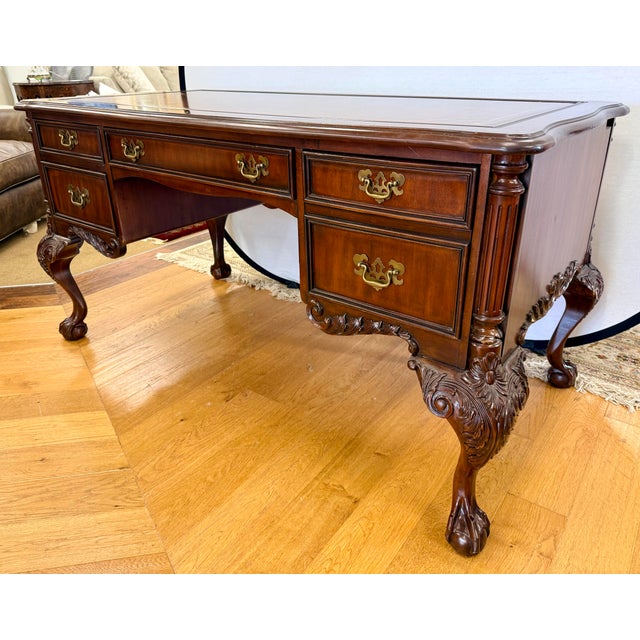 English Sligh Carved Mahogany Leather Top Desk For Sale - Image 3 of 12