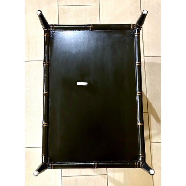 Vintage Chinoiserie Tiered Coffee Table With Serving Tray and Gold Metal Handles, Tiers Lined With Woven Cane, Faux Bamboo Legs and Floral Motifs For Sale - Image 11 of 12