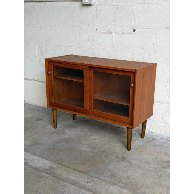 Danish Teak Glass Door Cabinet Small Display Case Low Bookcase Storage Unit Denmark 1960s For Sale - Image 4 of 10