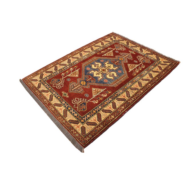 Shabby Chic Tribal Super Kazak Rust/Tan Wool Rug - 4'0'' X 5'5'' For Sale - Image 3 of 10
