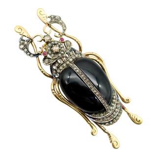 18K Gold & Sterling Silver Beetle Brooch with Rose Cut Diamonds Onyx & Ruby For Sale