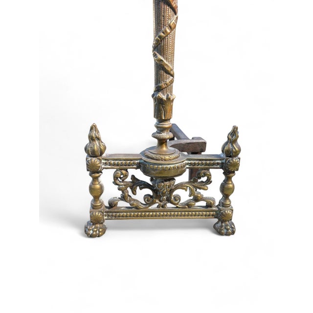 Andirons Louis XVI Style Flame Torch Antique Brass a Pair For Sale - Image 4 of 12