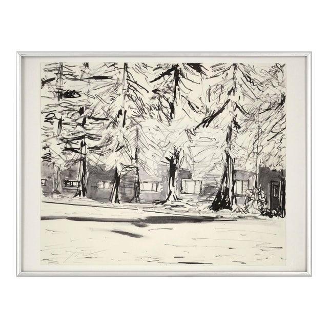 Cabin in the Woods, India Ink Forest Landscape With Redwood Trees by Michael Pauker For Sale