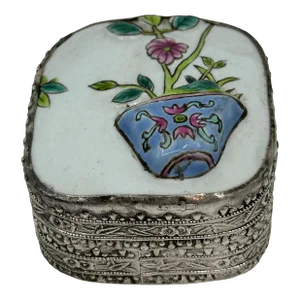 1960s Vintage Chinese Hand Painted Porcelain Chard and Silver Jewelry Trinket Box