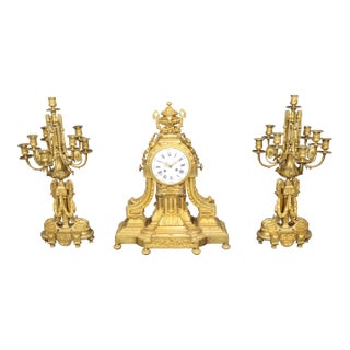19th C. French Louis XVI Style Ormolu Clock Set by Deniere For Sale