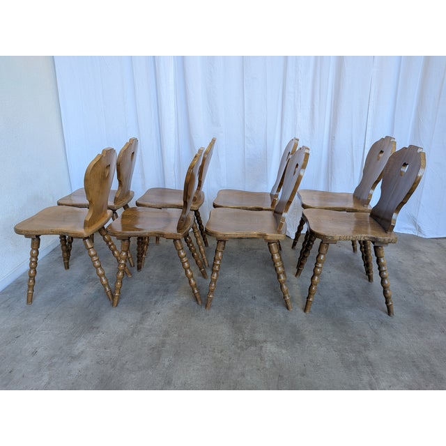 Vintage Tyrolean Farmhouse Heart Cutout Wooden Dining Chairs, 1970s, Set of 8 For Sale - Image 3 of 18