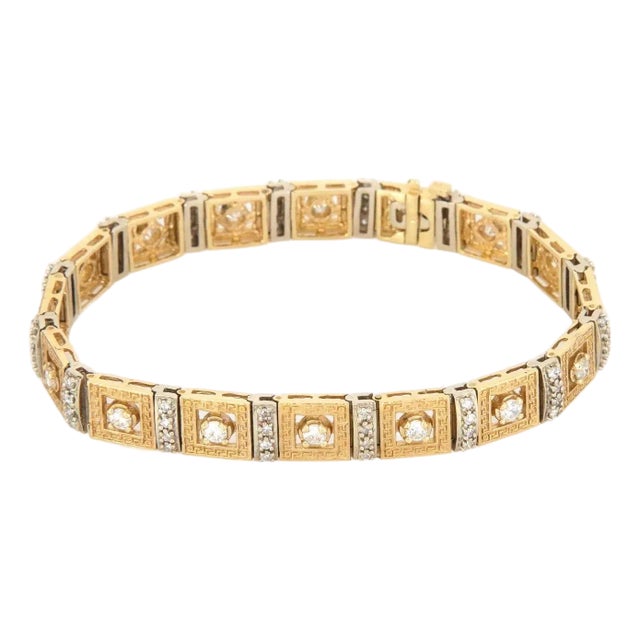 14k Gold Link Bracelet Diamond Solid Yellow Gold Open Style Square Link For Sale