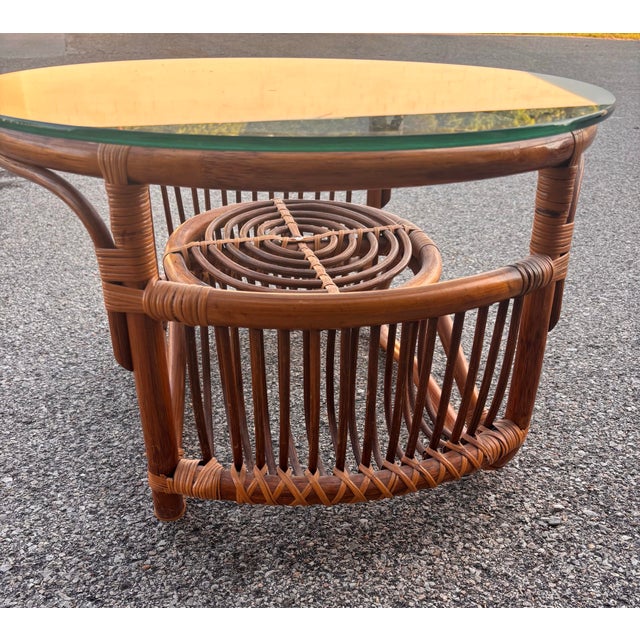 1970s Italian Mid Century Rattan and Glass Coffee Side Table For Sale - Image 9 of 12