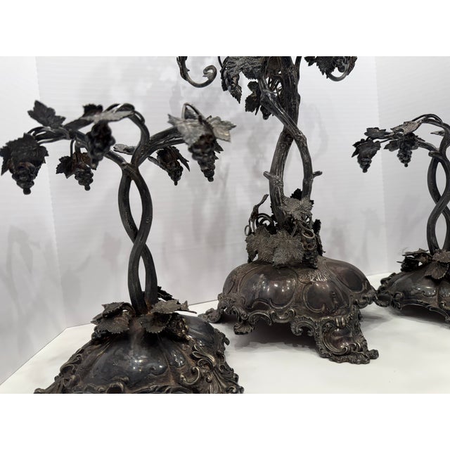 Rococo Thomas Bradbury & Sons Antique Victorian Rococo Revival 3-Piece Candelabra Set - Ornate Grape Vine & Leaf Motif Centerpiece, Late 19th Century For Sale - Image 3 of 6