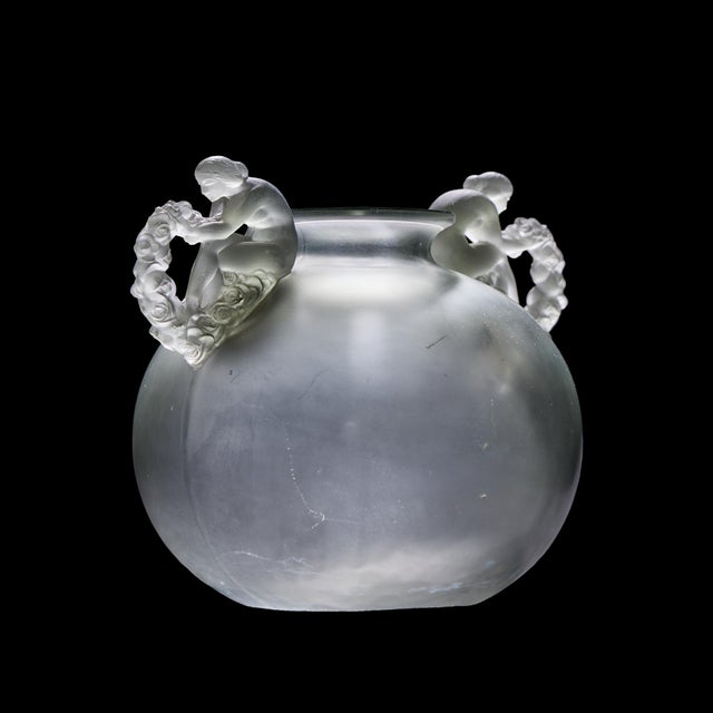 René Lalique 1926 Bouchardon Handle Vase in Opalescent Glass This vase measures: 6.5 wide x 5 deep x 4.75 inches high...