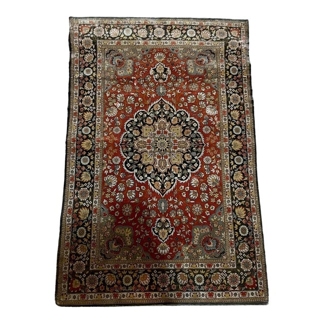 Vintage 1970s Handmade Indian Silk Rug 2.1' X 3.2' (64cm X 98cm) For Sale
