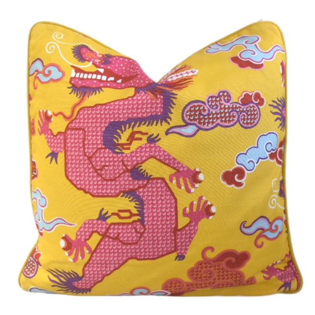 Chinoiserie Schumacher Magical Ming Dragon Chinoiserie Feather/Down Pillow For Sale - Image 3 of 6