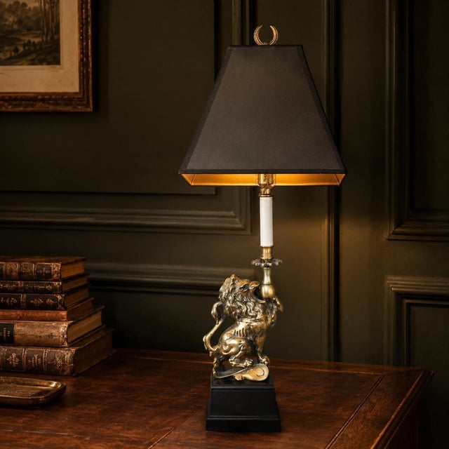 20th Century Brass-Tone Lion Table Lamp, Neoclassical Black Shade, 28.5 Inch For Sale - Image 15 of 18