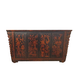 Vintage Chinese Four-Door Cabinet With Hand-Painted Floral and Bird Panels For Sale