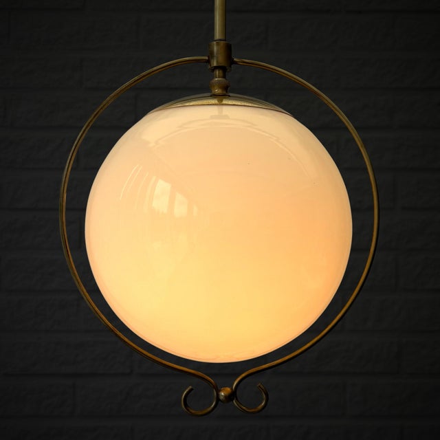 Scandinavian Functionalist Pendant Globe Lamp in Glass and Brass, Sweden, 1930s For Sale - Image 4 of 8
