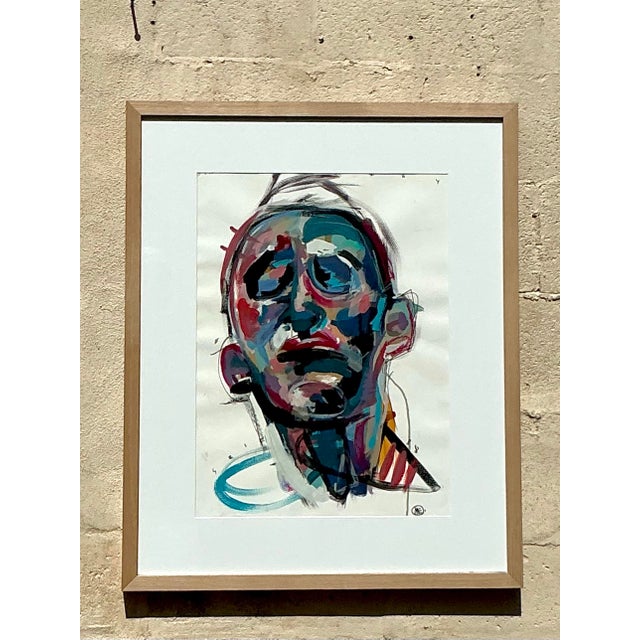 Late 20th Century Vintage Boho Original Abstract Figurative Oil Painting on Paper For Sale - Image 5 of 7