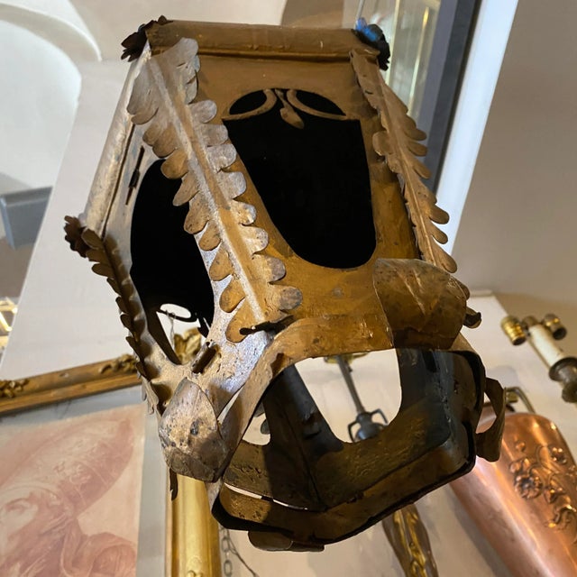 1900 Art Nouveau Gold and Blue Painted Iron Lantern For Sale - Image 10 of 11